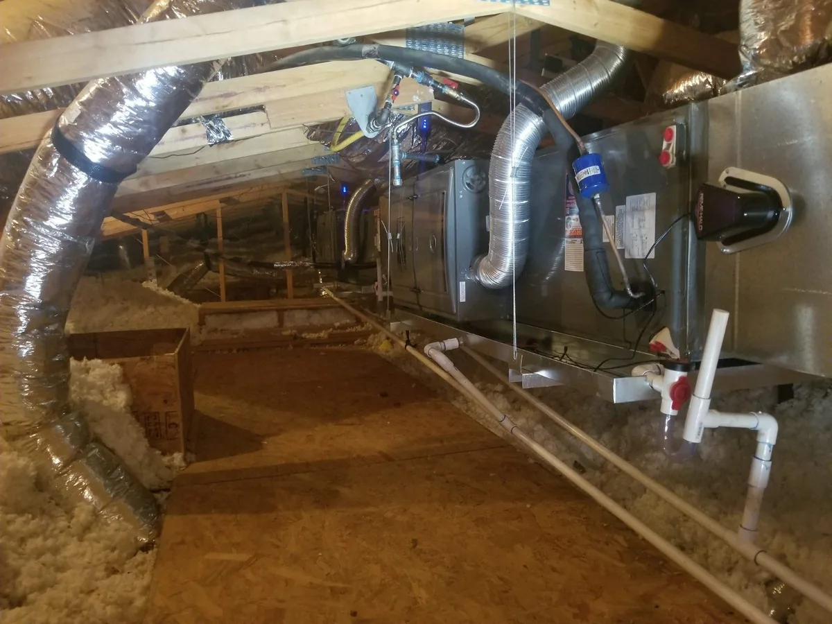 Horizontal HVAC air handler installation in an attic